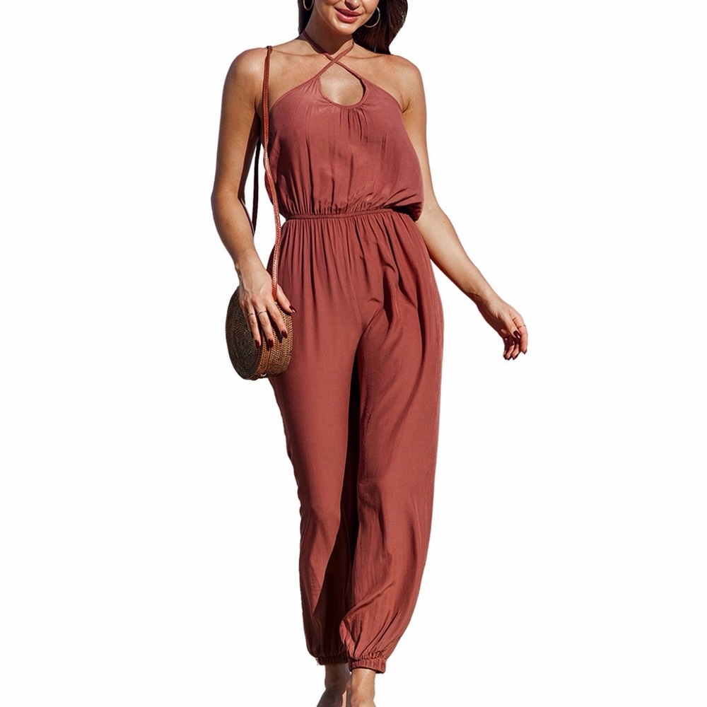 Cupshe Large Women's Burgundy Cross
Over Halter Neck Jumpsuit, NWT